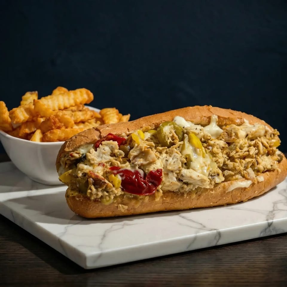 A chicken cheesesteak sandwich with peppers and sauce, served with a side of crinkle-cut fries.