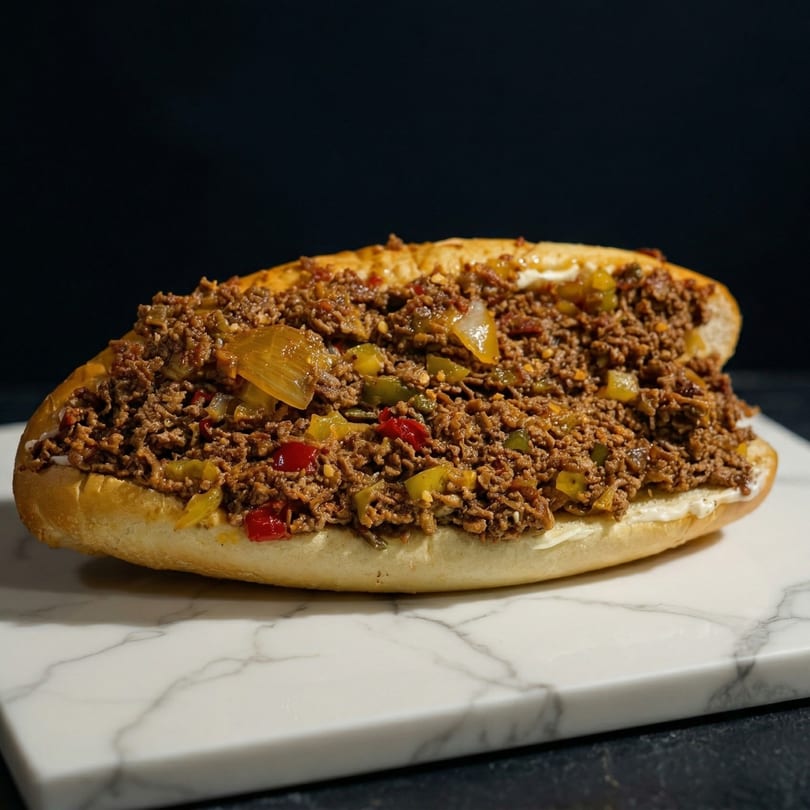 A hearty cheesesteak sandwich, filled with ground meat, onions, and peppers, on a marble surface.