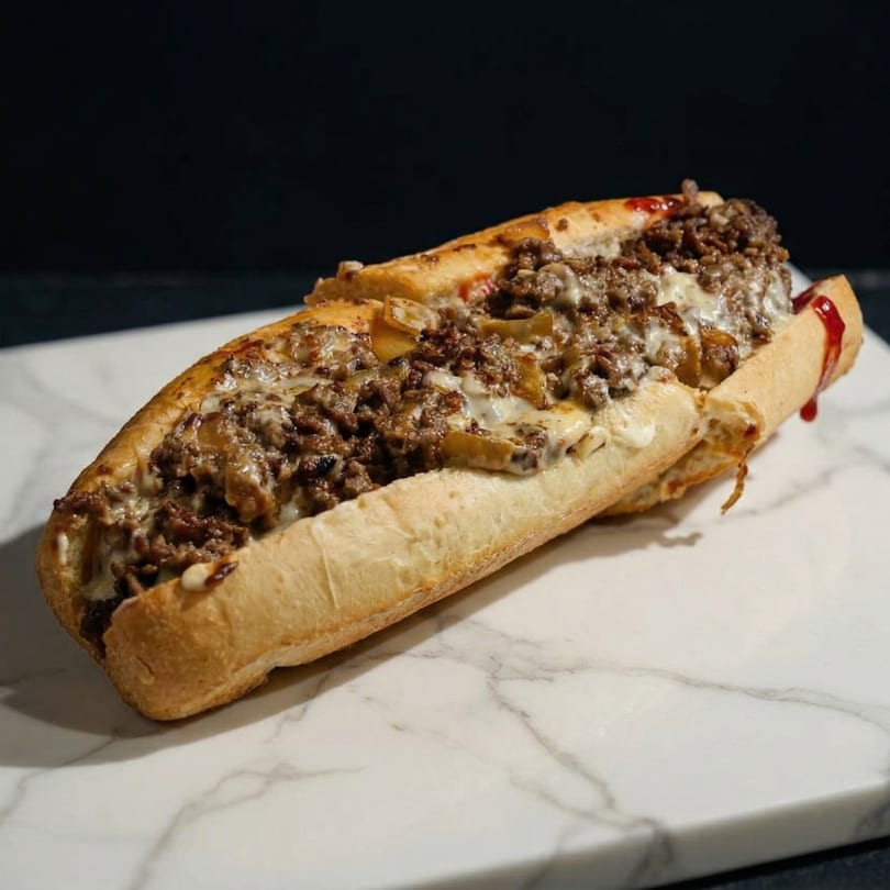 A large cheesesteak sandwich with melted cheese, meat, and onions on a white marble surface.