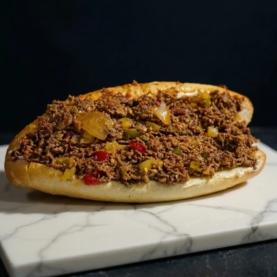 A delicious cheesesteak sandwich with ground meat, onions, and peppers on a white marble surface.