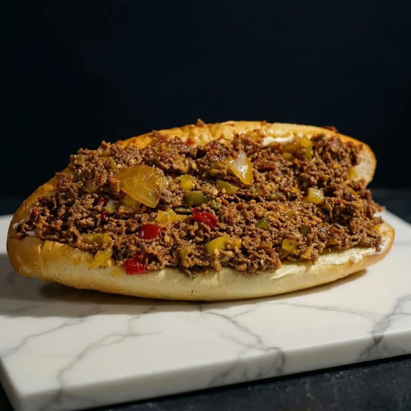 A delicious cheesesteak sandwich with ground meat, onions, and peppers on a white marble surface.
