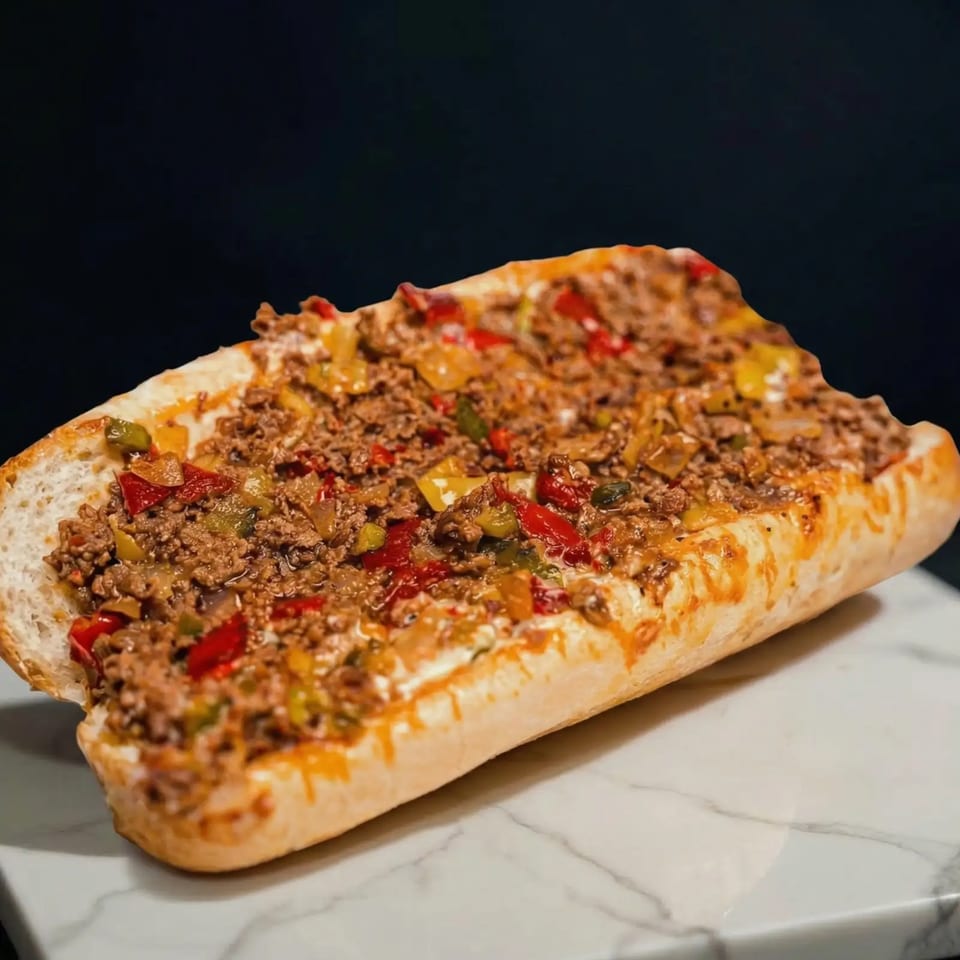 A close-up of a Philly cheesesteak sandwich with melted cheese, peppers, and onions on a marble surface.