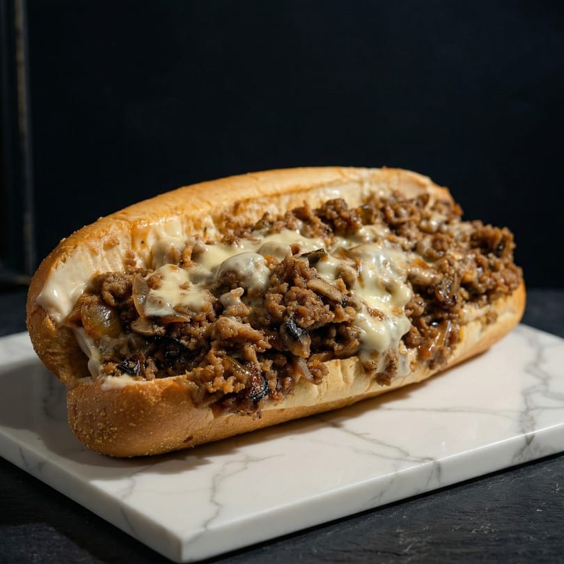 A delicious cheesesteak sandwich with melted cheese and meat on a white marble board.