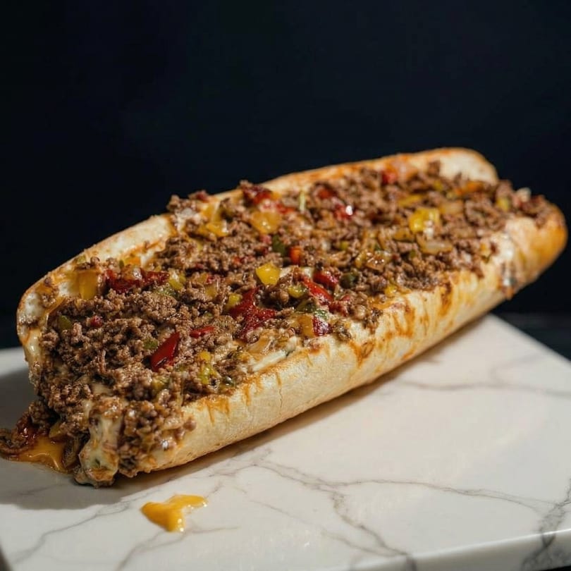 A large, overflowing cheesesteak sandwich with ground meat, peppers, and melted cheese on a white marble surface.