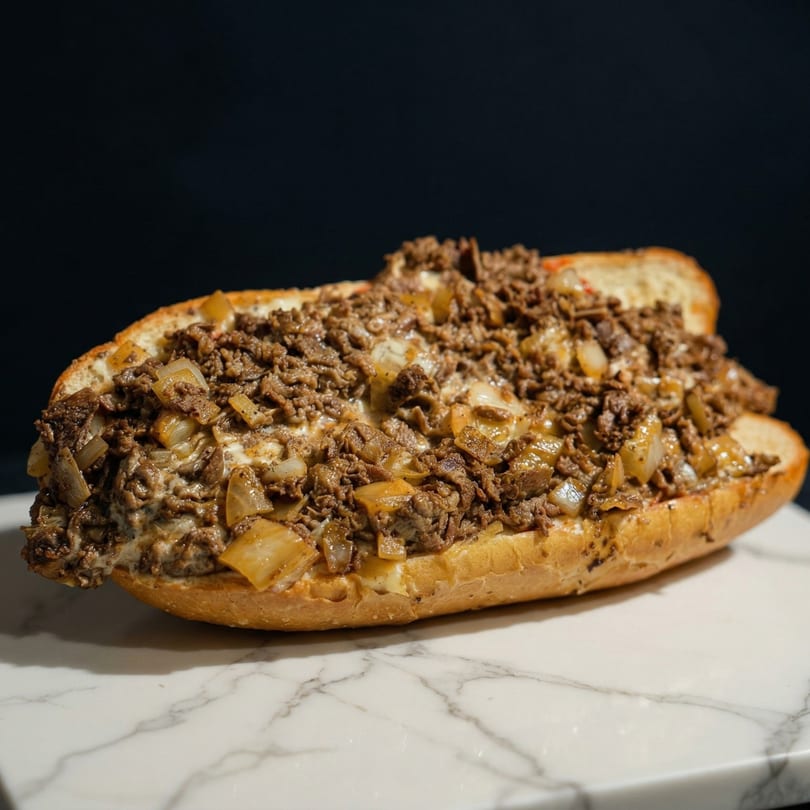 Cheesesteak sandwich with steak, onions, and melted cheese on a hoagie roll, on a marble surface.
